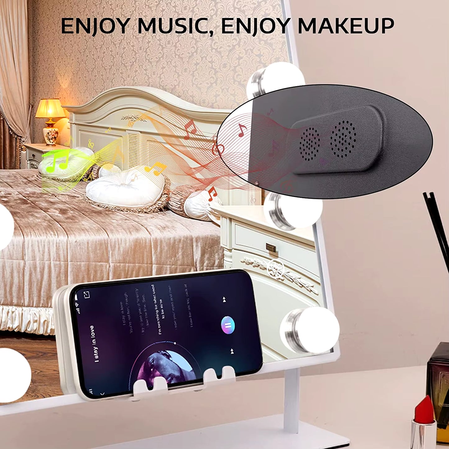 FENCHILIN White Vanity Mirror with Lights Wireless Charger Bluetooth Speaker Hollywood Makeup Mirror with 12 Dimmable Bulbs