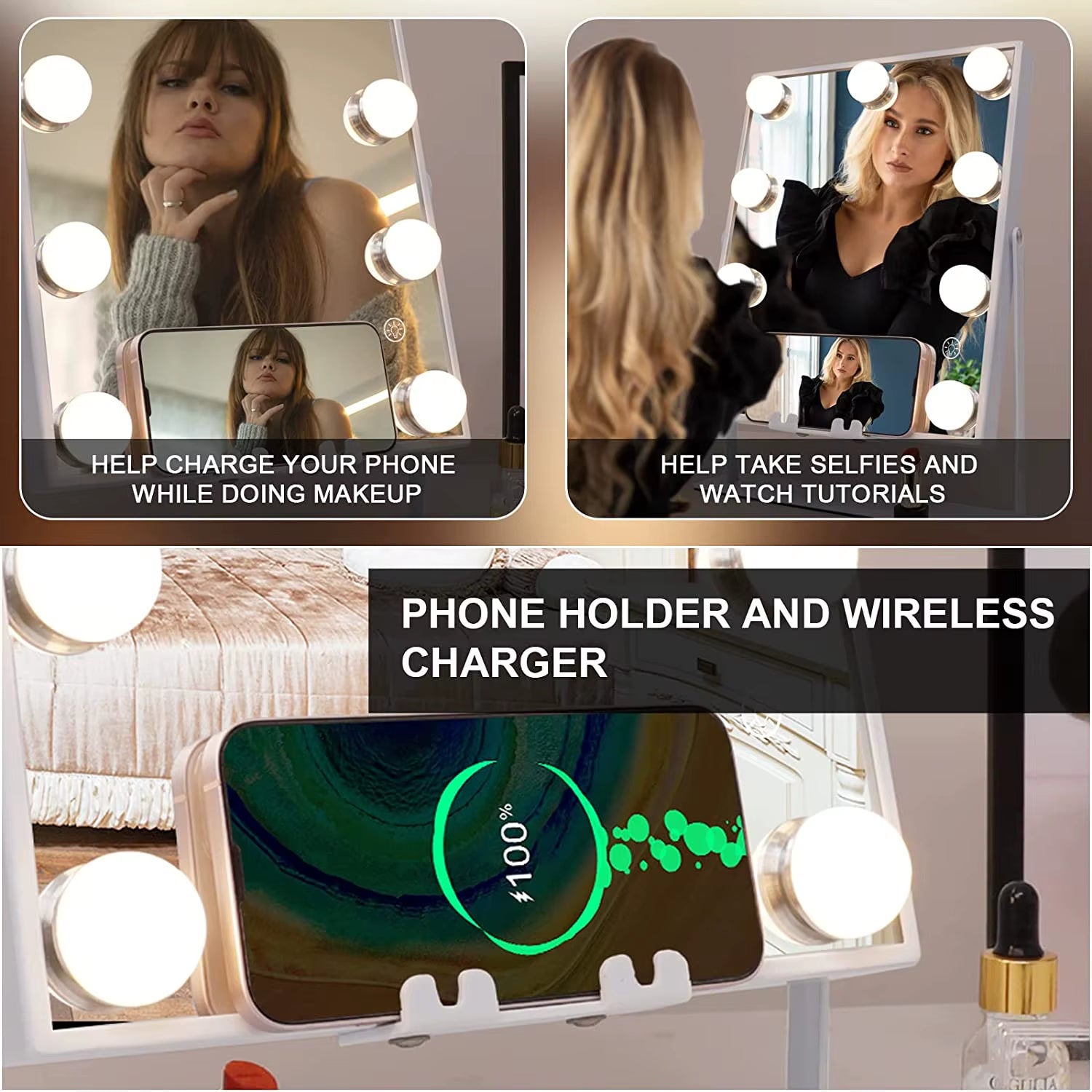 FENCHILIN White Vanity Mirror with Lights Wireless Charger Bluetooth Speaker Hollywood Makeup Mirror with 12 Dimmable Bulbs